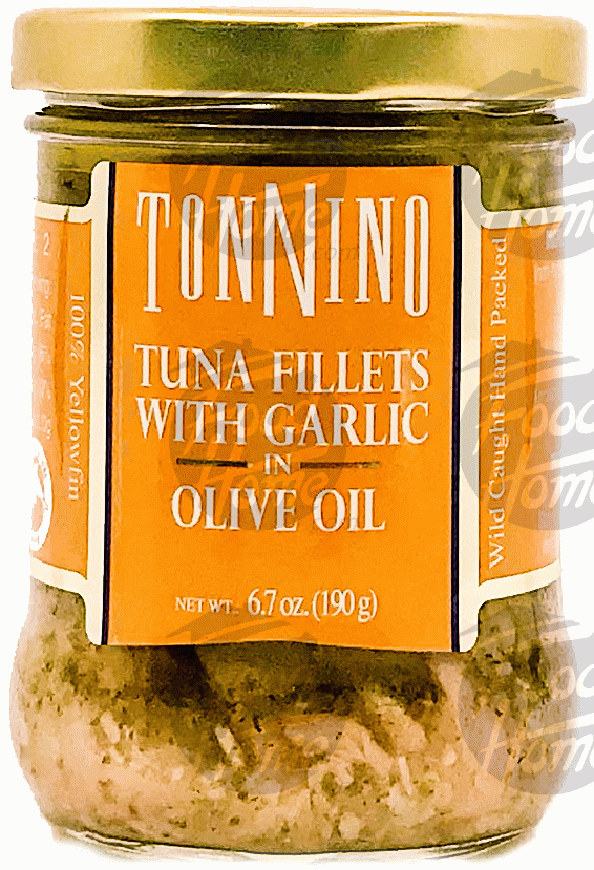 Tonnino  tuna fillets with garlic in olive oil, glass jar Full-Size Picture